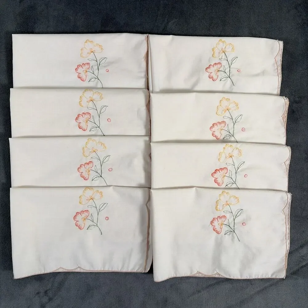 Vintage Fabric Napkin Set of 8 Square Embroidered Floral Beige Benefits Charity